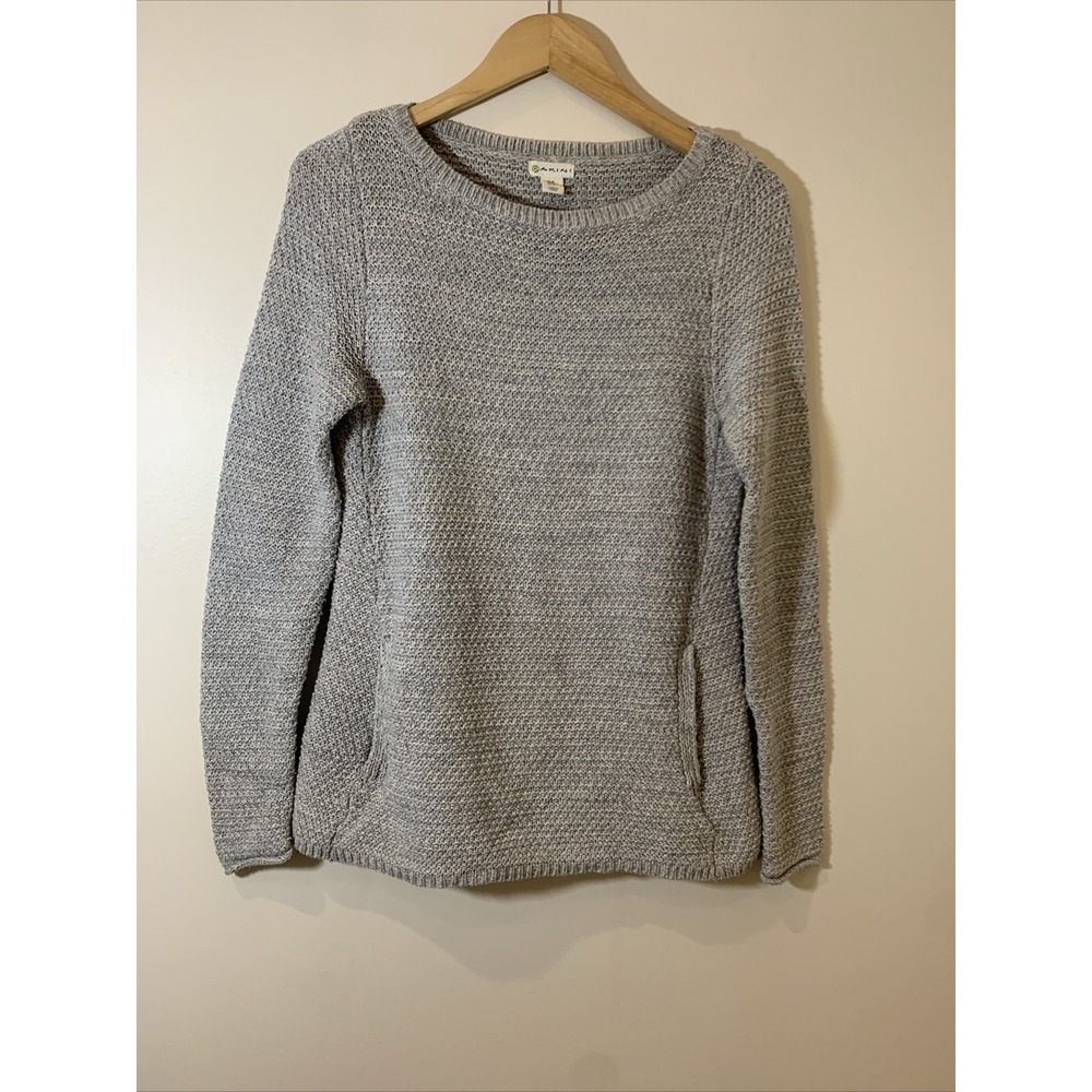 Akini Sweater Womens Medium Tan‎ Gray Pullover Pockets Chunky Knit